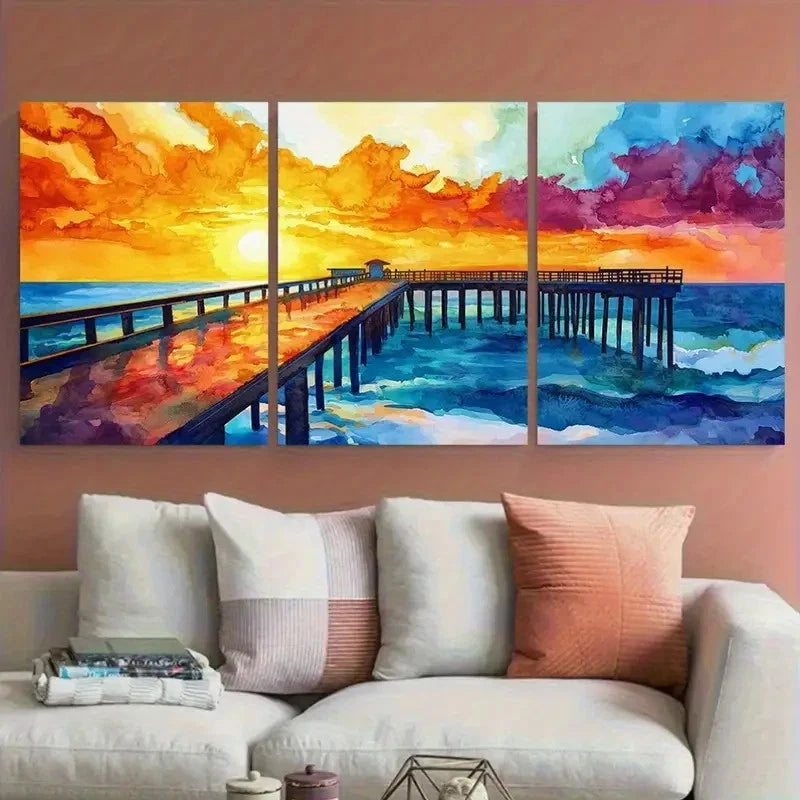 3pcs Tropical Sunset Beach Pier Coastal Design Metal Print Ready to Hang Art