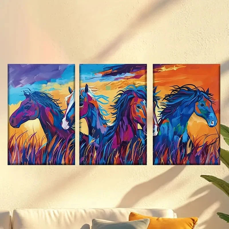 3pcs Colorful Abstract Horse Herd on Grassland Wall Art Set Canvas Framed 50x70cm - High Quality Print 100% Australian Made Wall Canvas Ready to Hang - Bella Home Decor
