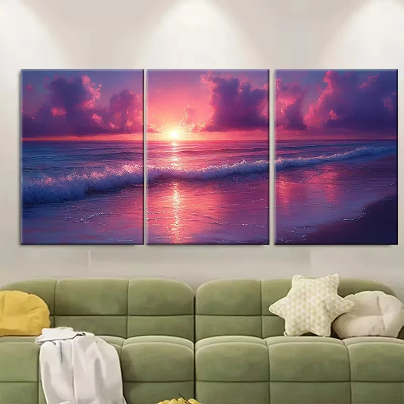 3pcs Cloudy Pink Purple Sunset Over Seashore Metal Print Ready to Hang Art - Bella Home Decor