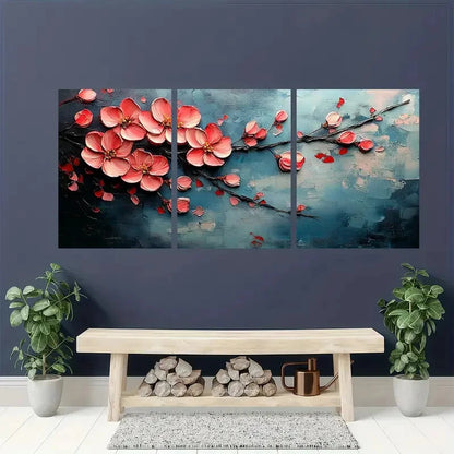 3pcs Pink Floral Oil Painting with Abstract Metal Print Ready to Hang Art - Bella Home Decor