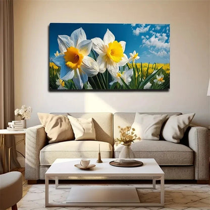White & Golden Daffodil Flower Wall Art Canvas Office Home Room Framed 120x60cm