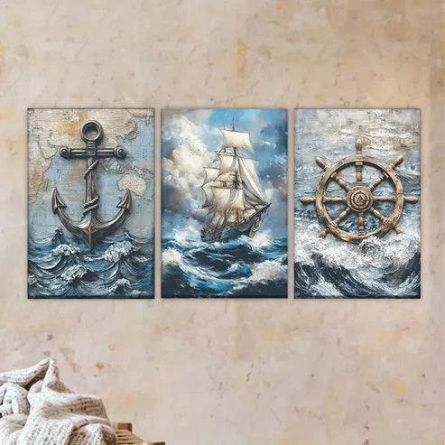 3pcs A painting of a ship in the ocean Wall Art Set Canvas Unframed - High Quality Print 100% Australian Made Wall Canvas