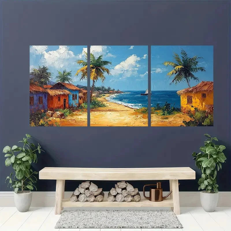 3pcs African Village Landscape Oil Painting Metal Print Ready to Hang Art