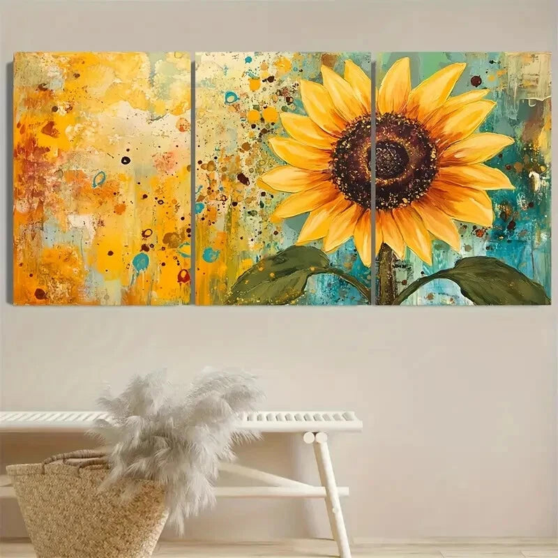3pcs Vibrant Yellow Sunflower & Green Leaves Metal Print Ready to Hang Art - Bella Home Decor