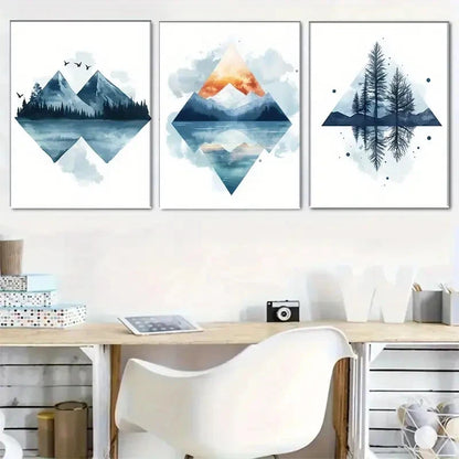 3pcs Geometric Mountain Forest Triptych Metal Print Ready to Hang Art - Bella Home Decor