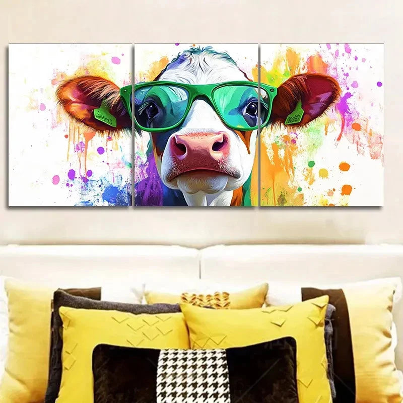 3pcs Cute cow wearing green glasses  Wall Art Set Canvas Framed 40x60cm - High Quality Print 100% Australian Made Wall Canvas Ready to Hang - Bella Home Decor