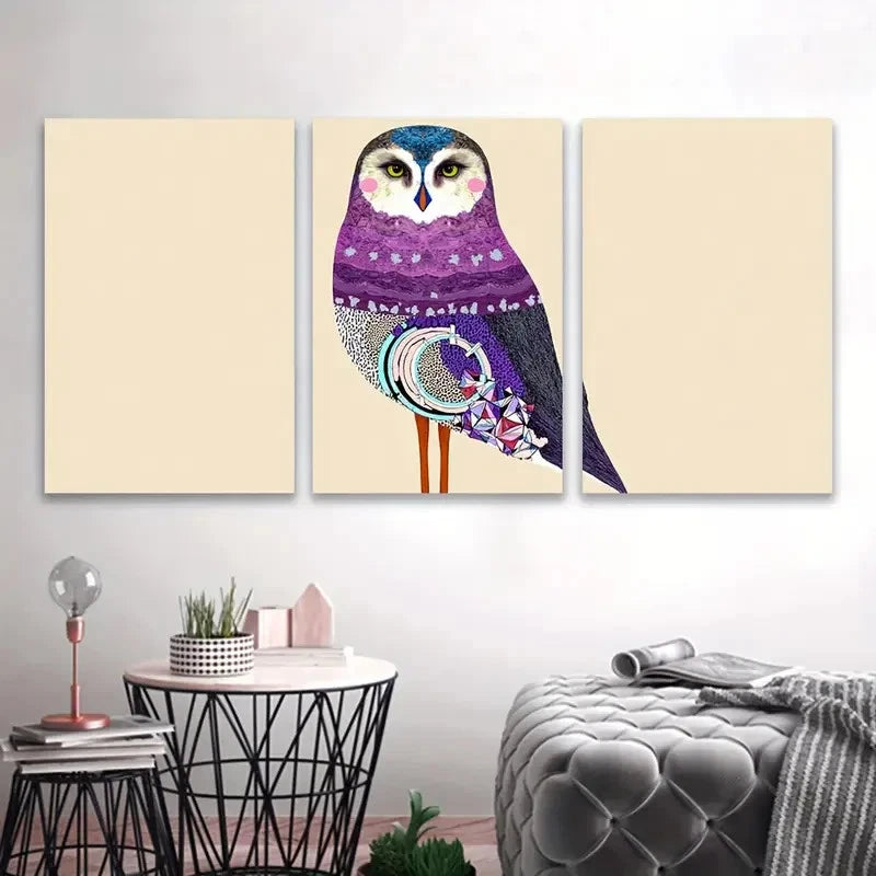 3pcs Vibrant Owl In Purple And Blue Wall Art Set Canvas Framed 60x90cm - High Quality Print 100% Australian Made Wall Canvas Ready to Hang