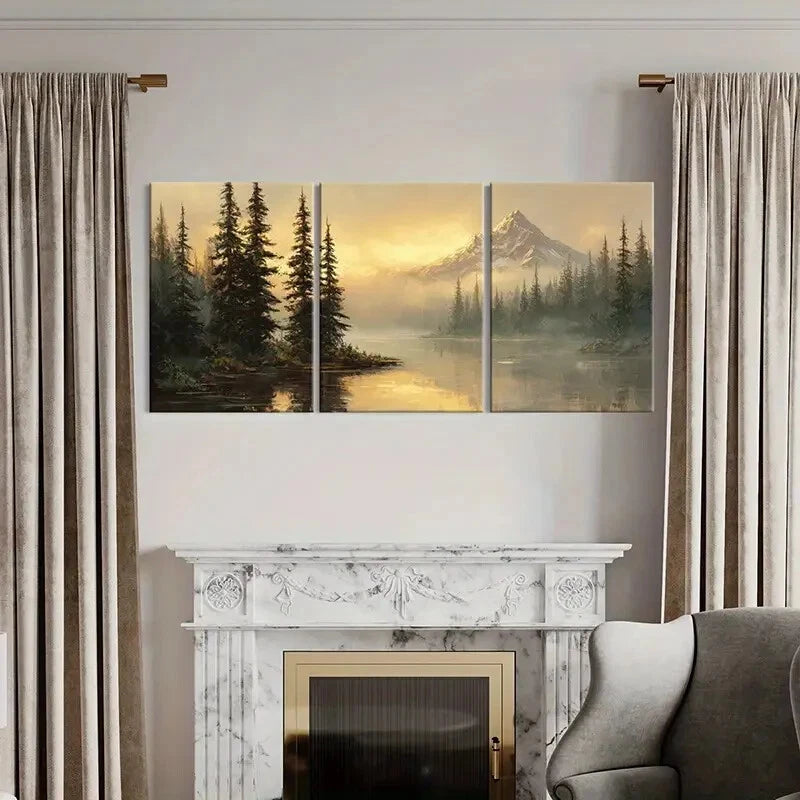 3pcs Mountain Landscape Pine Trees Snowy Peaks Metal Print Ready to Hang Art - Bella Home Decor