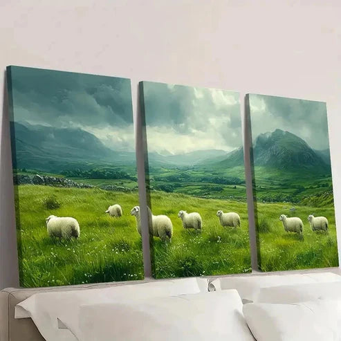 3pcs Sheep Painting Irish Landscape Wall Art Set Canvas Unframed - High Quality Print 100% Australian Made Wall Canvas