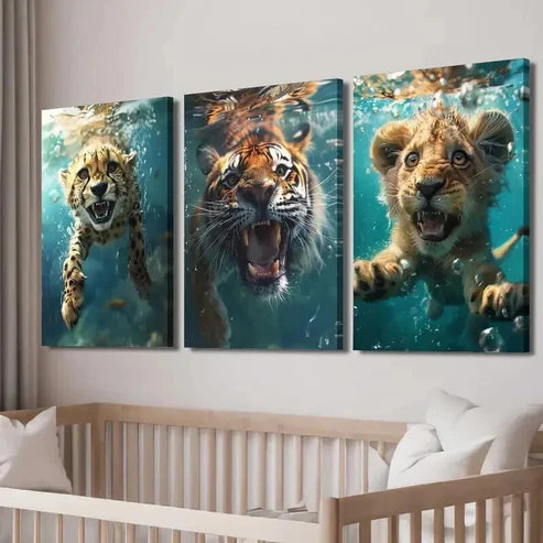 3pcs Cheetah Tiger Lion Swimming Wall Art Set Canvas Unframed - High Quality Print 100% Australian Made Wall Canvas - Bella Home Decor