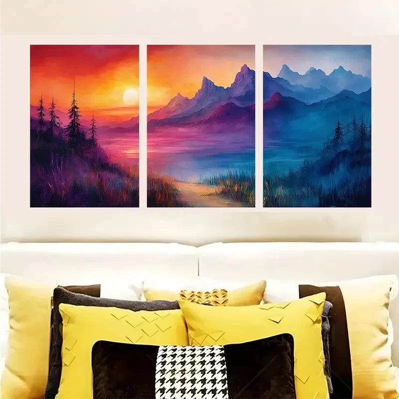 3pcs Vibrant Mountain Landscape Triptych At Sun  Wall Art Set Canvas Framed 60x90cm - High Quality Print 100% Australian Made Wall Canvas Ready to Hang - Bella Home Decor