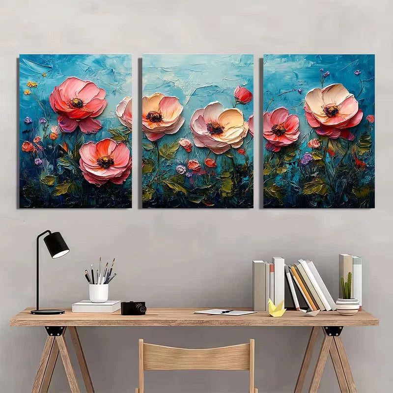 3pcs Pink Rose in an Impasto Style Metal Print Ready to Hang Art