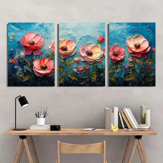 3pcs Pink Rose in an Impasto Style Metal Print Ready to Hang Art