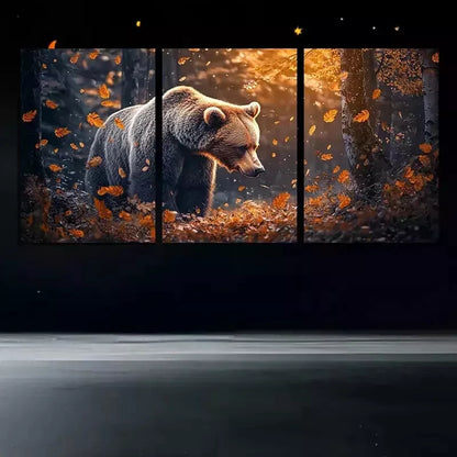 3pcs Bear in Autumn Leaves Wall Art Set Canvas Framed 50x70cm - High Quality Print 100% Australian Made Wall Canvas Ready to Hang