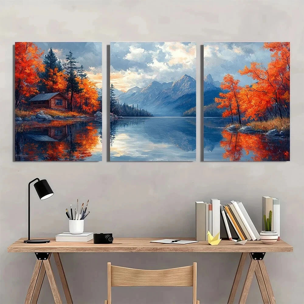 3pcs Autumn Lake House and Mountain Reflections Metal Print Ready to Hang Art - Bella Home Decor