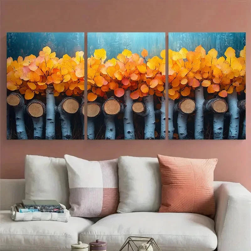 3pcs Vibrant Golden Yellow Leaves Aspen Trees Metal Print Ready to Hang Art - Bella Home Decor