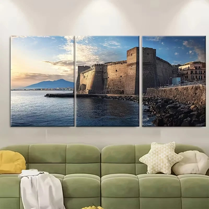 3pcs Castel dell'Ovo Naples Metal Print Ready to Hang Art - Bella Home Decor