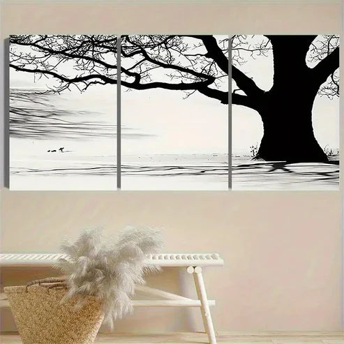 3pcs Monochrome Tree and Water Reflection Wall Art Canvas Unframed - High Quality Print 100% Australian Made Wall Canvas - Bella Home Decor