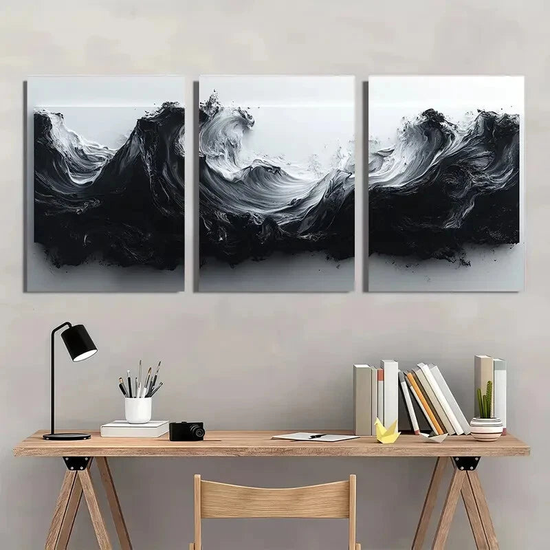 3pcs Abstract Black and White Modern Fluid Wall Art Set Canvas Framed 40x60cm - High Quality Print 100% Australian Made Wall Canvas Ready to Hang