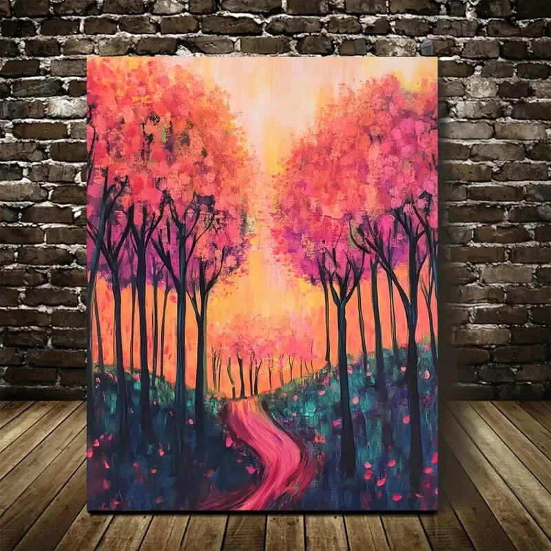 Vibrant Peach Tree Forest with Winding Painting 40x60cm Metal Print Ready to Hang - Bella Home Decor