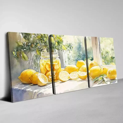 3pcs Beautiful Watercolor Yellow Lemons Wall Art Canvas Unframed - High Quality Print 100% Australian Made Wall Canvas