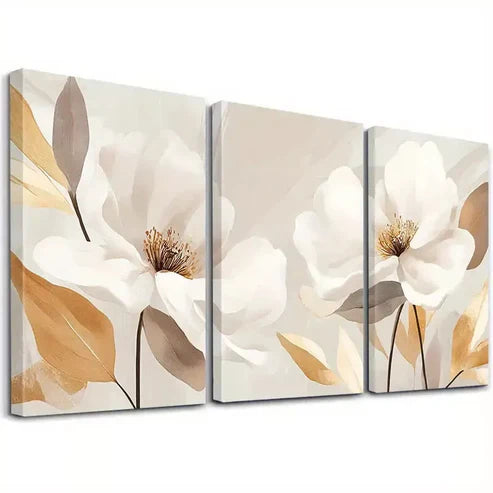 3pcs Abstract White Blossoms with Golden Leaves Wall Art Canvas Unframed - High Quality Print 100% Australian Made Wall Canvas