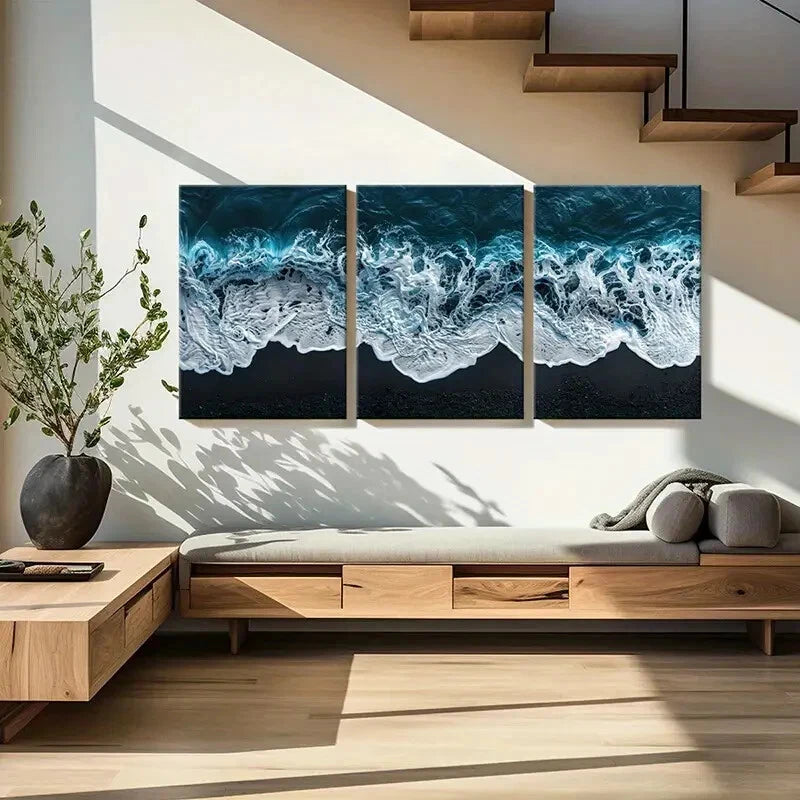 3pcs Ocean Waves Black Sand Beach Natural Lands Metal Print Ready to Hang Art - Bella Home Decor