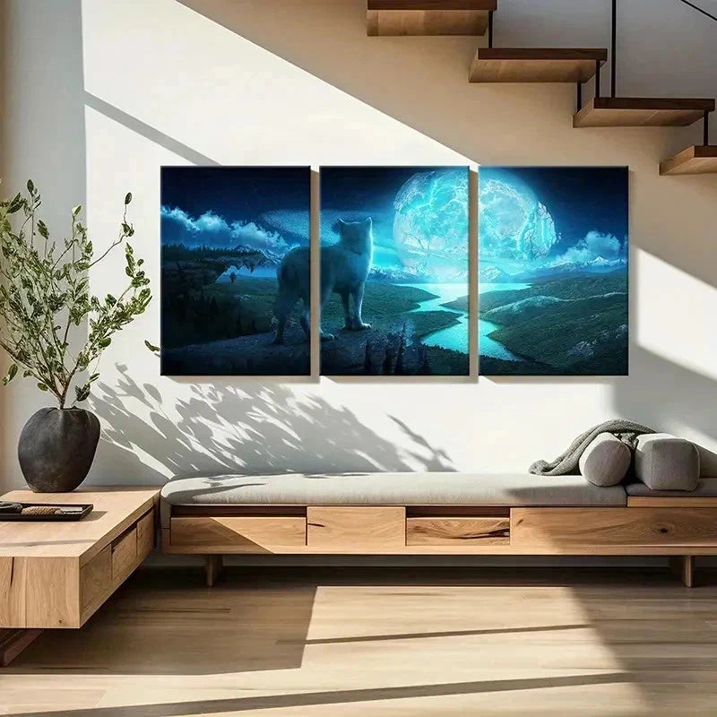 3pcs Plains Under Full Moon and Wolf Wall Art Set Canvas Framed 40x60cm - High Quality Print 100% Australian Made Wall Canvas Ready to Hang - Bella Home Decor