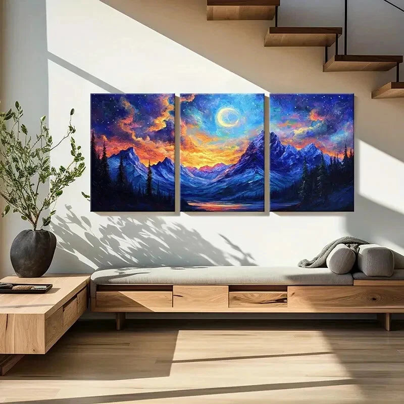 3pcs Moonlit Mountain Landscape Vibrant Sky Metal Print Ready to Hang Art - Bella Home Decor