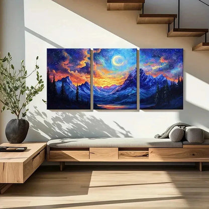 3pcs Moonlit Mountain Landscape Vibrant Sky Metal Print Ready to Hang Art - Bella Home Decor