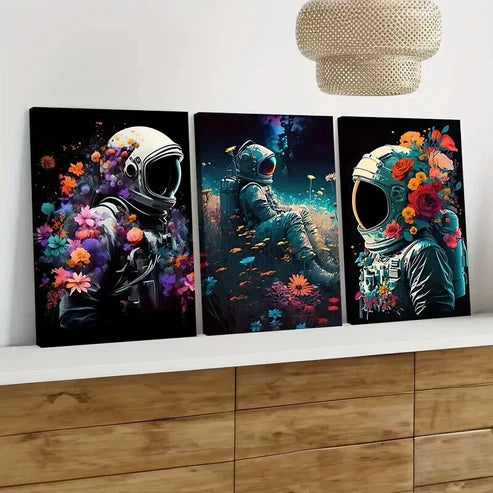 3pcs Vintage Floral Astronaut Colourful Space Wall Art Canvas Unframed - High Quality Print 100% Australian Made Wall Canvas