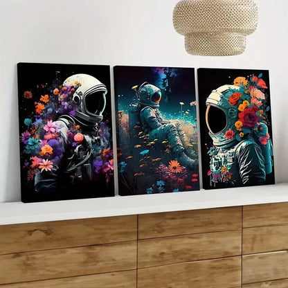 3pcs Vintage Floral Astronaut Colourful Space Wall Art Canvas Unframed - High Quality Print 100% Australian Made Wall Canvas