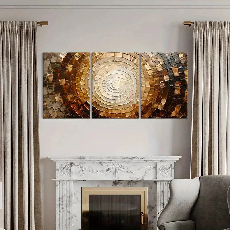 3pcs Abstract Spiral Mosaic Art Golden Brown Metal Print Ready to Hang Art - Bella Home Decor