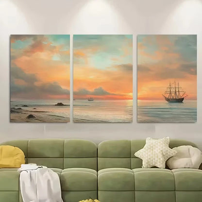 3pcs Ships Sailing at Sunset, Pastel Skies Metal Print Ready to Hang Art