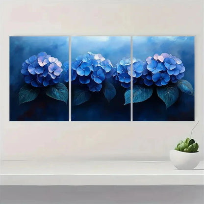3pcs Blue Hydrangea Painting Print Garden Metal Print Ready to Hang Art - Bella Home Decor