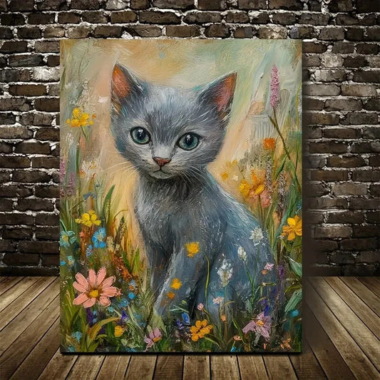 Flowers And Plants Cute Russian Blue Cat Kitten 40x60cm Metal Print Ready to Hang - Bella Home Decor