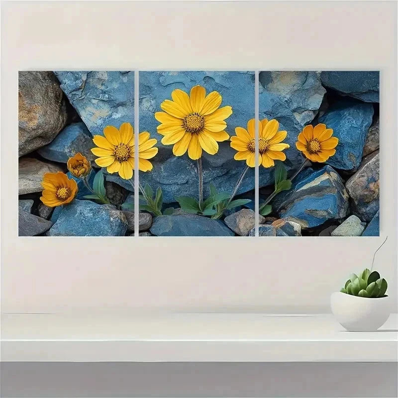 3pcs Yellow Brittlebush Flower Perfect Wall Art Set Canvas Framed 50x70cm - High Quality Print 100% Australian Made Wall Canvas Ready to Hang