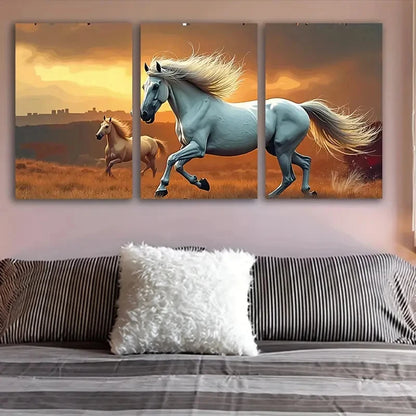3pcs White Horses Running In The Wild Wall Art Set Canvas Framed 50x70cm - High Quality Print 100% Australian Made Wall Canvas Ready to Hang