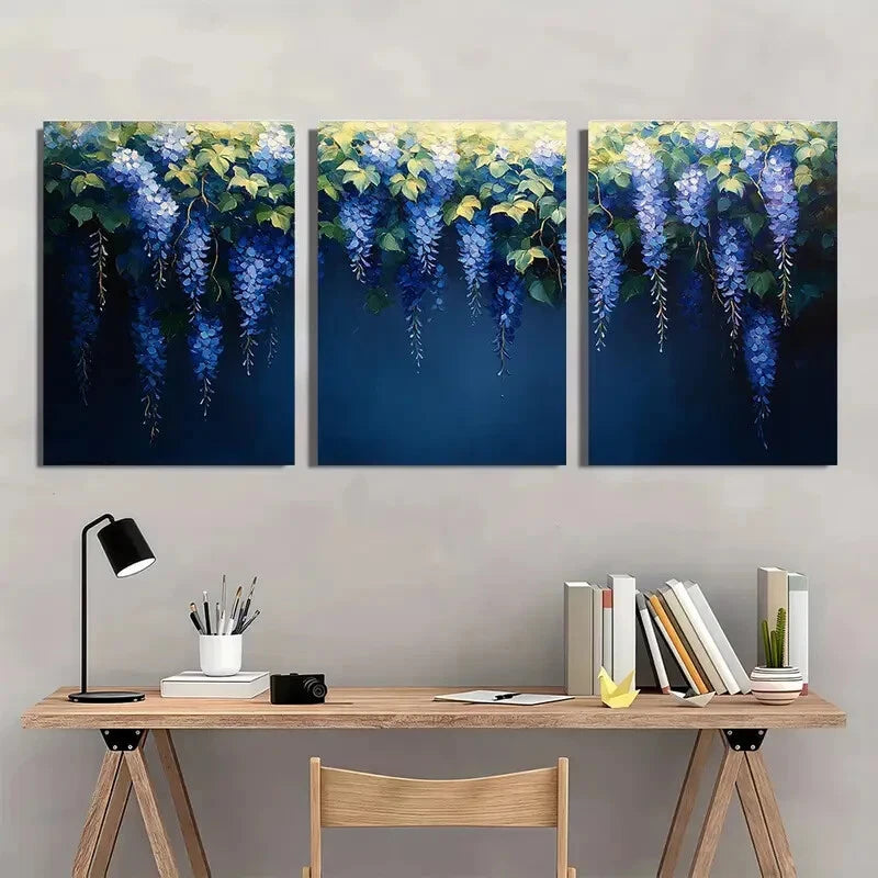 3pcs Wisteria Flower Blue & White Vine Design Metal Print Ready to Hang Art - Bella Home Decor