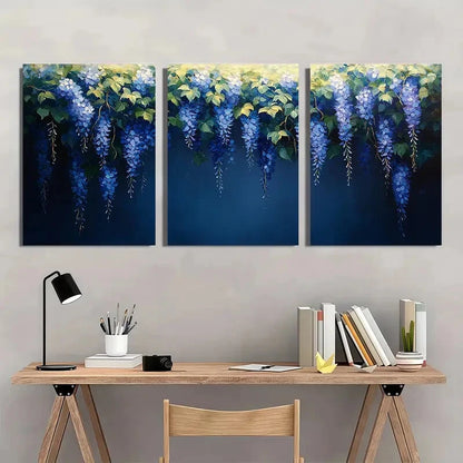 3pcs Wisteria Flower Blue & White Vine Design Metal Print Ready to Hang Art - Bella Home Decor