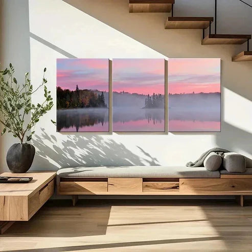 3pcs Lake Misty Forest Pink Sky Sunrise Wall Art Set Canvas Unframed - High Quality Print 100% Australian Made Wall Canvas