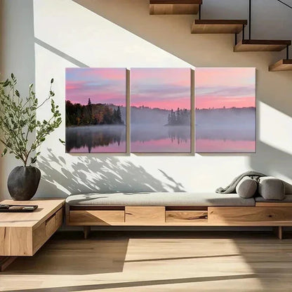 3pcs Lake Misty Forest Pink Sky Sunrise Wall Art Set Canvas Unframed - High Quality Print 100% Australian Made Wall Canvas