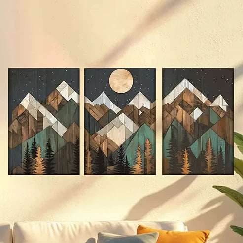 3pcs wooden mountains with pine trees Wall Art Canvas Unframed - High Quality Print 100% Australian Made Wall Canvas