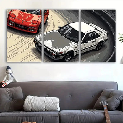 3pcs Vintage Cars in Action, Retro Wall Art Set Canvas Framed 40x60cm - High Quality Print 100% Australian Made Wall Canvas Ready to Hang