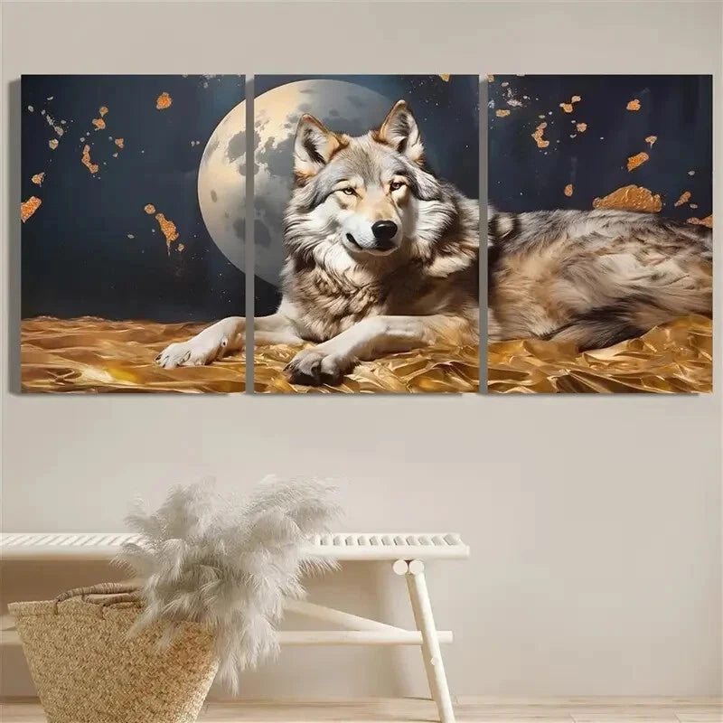 3pcs Wolf on the Moon Golden Moon & Stars Metal Print Ready to Hang Art - Bella Home Decor