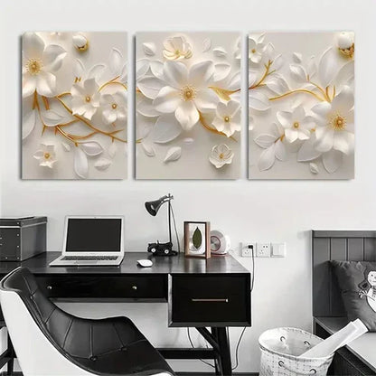 3pcs White Floral Paper Art with Golden  Wall Art Set Canvas Unframed - High Quality Print 100% Australian Made Wall Canvas