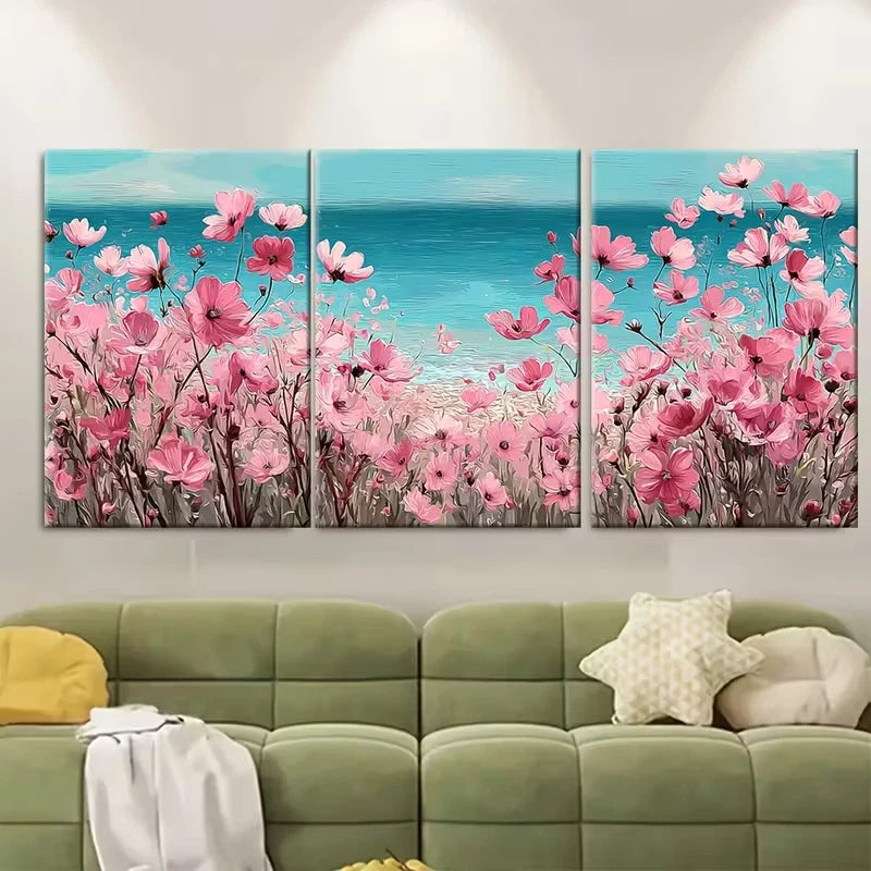3pcs Pink Wildflowers Field Beach Landscapes Metal Print Ready to Hang Art