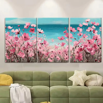 3pcs Pink Wildflowers Field Beach Landscapes Metal Print Ready to Hang Art
