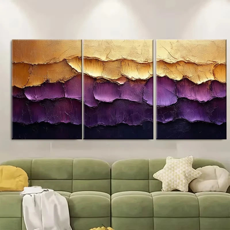 3pcs Abstract Multi Color Golden Brown Purple Metal Print Ready to Hang Art - Bella Home Decor