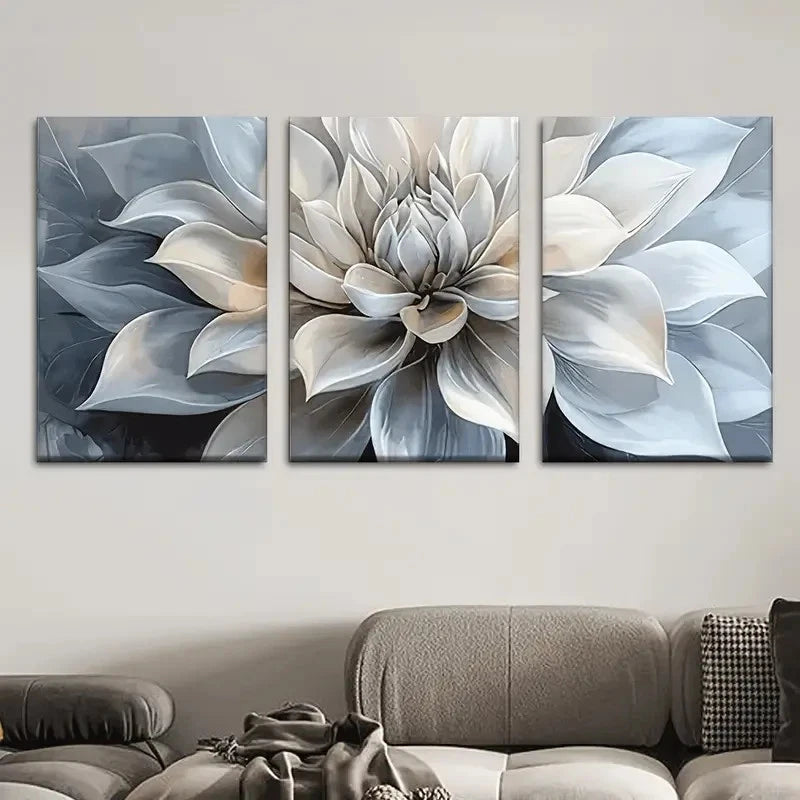 3pcs Beige Gray White & Blue Abstract Floral Metal Print Ready to Hang Art - Bella Home Decor